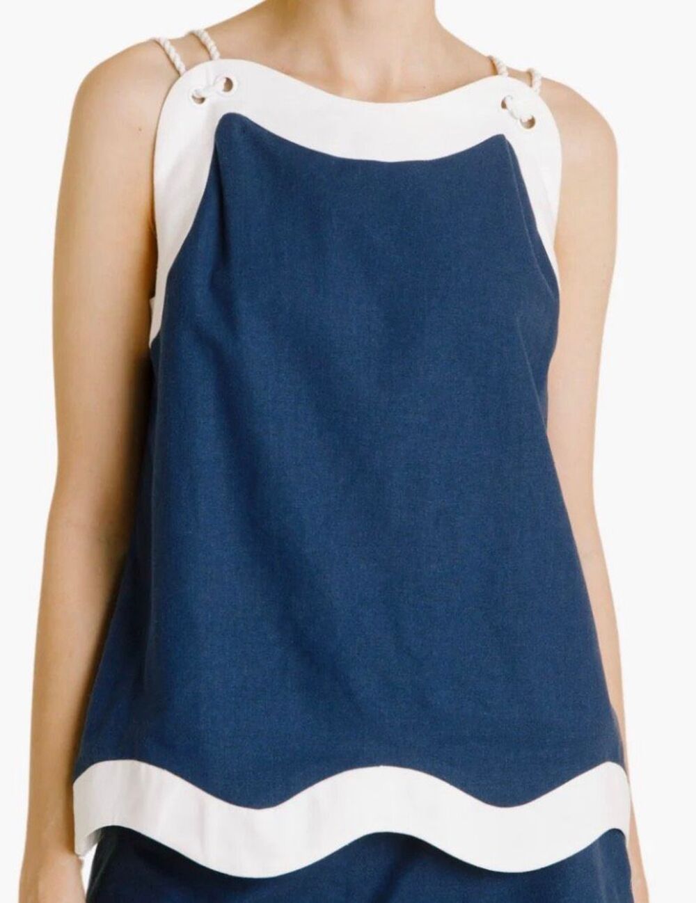 Aureum Navy Blue & White Nautical Scallop Hem Rope Strap Sleeveless Top Large